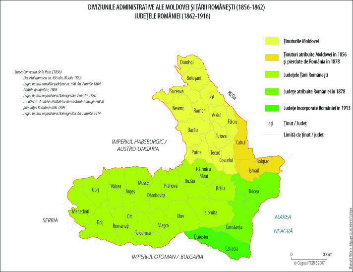 Harta administrativă-teritorială a României între 1856 - 1916
