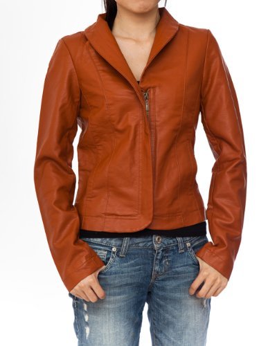Ladies Brick Color Synthetic Sleek Leather Zipper Jacket