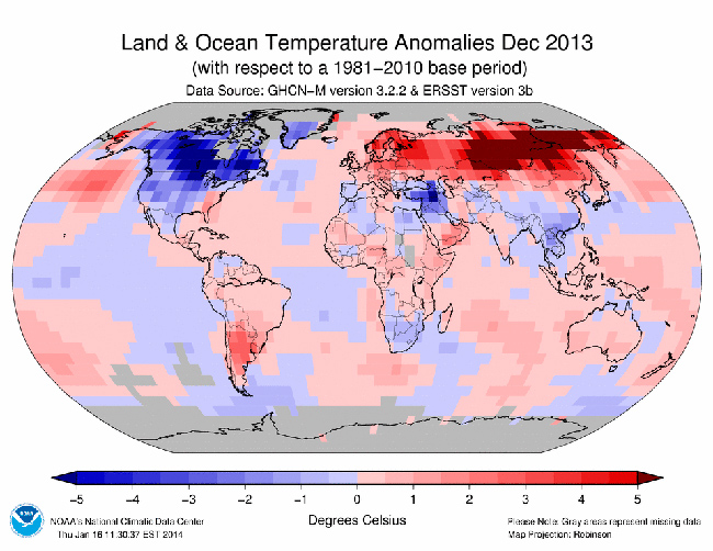 Informe climático de la Tierra. Diciembre de 2013, el tercero más cálido desde 1880