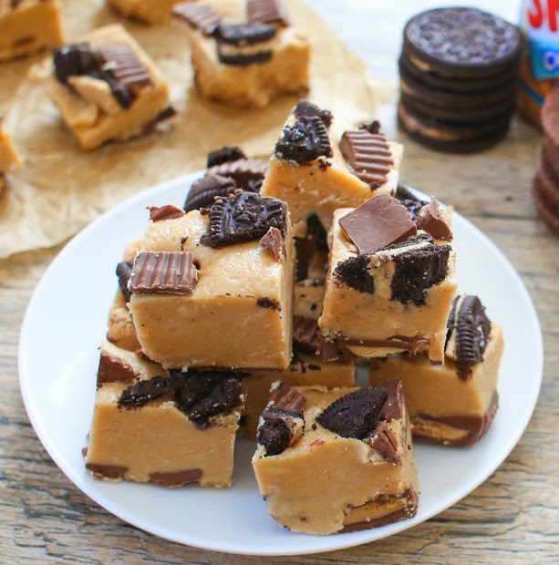 photo of Peanut Butter Cup Oreo Fudge stacked on a plate