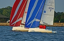 J/70 one-design sailboats- sailing downwind off Newport