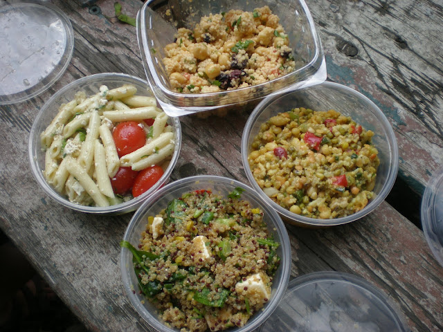 Salad Bar 1 Salads cllockwise from top: spicy couscous, 7-grain, quinoa, and pasta.