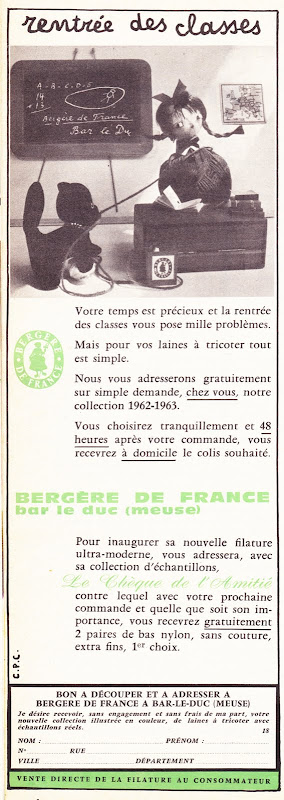 Publicité vintage laine : Rentrée des classes - Pour vous Madame, pour vous Monsieur, des publicités, illustrations et rédactionnels choisis avec amour dans des publications des années 50, 60 et 70. Popcards Factory vous offre des divertissements de qualité. Vous pouvez également nous retrouver sur www.popcards.fr et www.filmfix.fr   - For you Madame, for you Sir, advertising, illustrations and editorials lovingly selected in publications from the fourties, the sixties and the seventies. Popcards Factory offers quality entertainment. You may also find us on www.popcards.fr and www.filmfix.fr