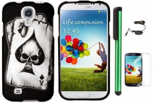  Samsung Galaxy S4 i9500 Combination - Premium Vivid Design Protector Hard Cover Case / Car Charger / Screen Protector Film / 1 of New Assorted Color Metal Stylus Touch Screen Pen (Black Silver Ace Skull)