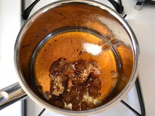 wet ingredients (oil, honey and brown sugar) in pot 