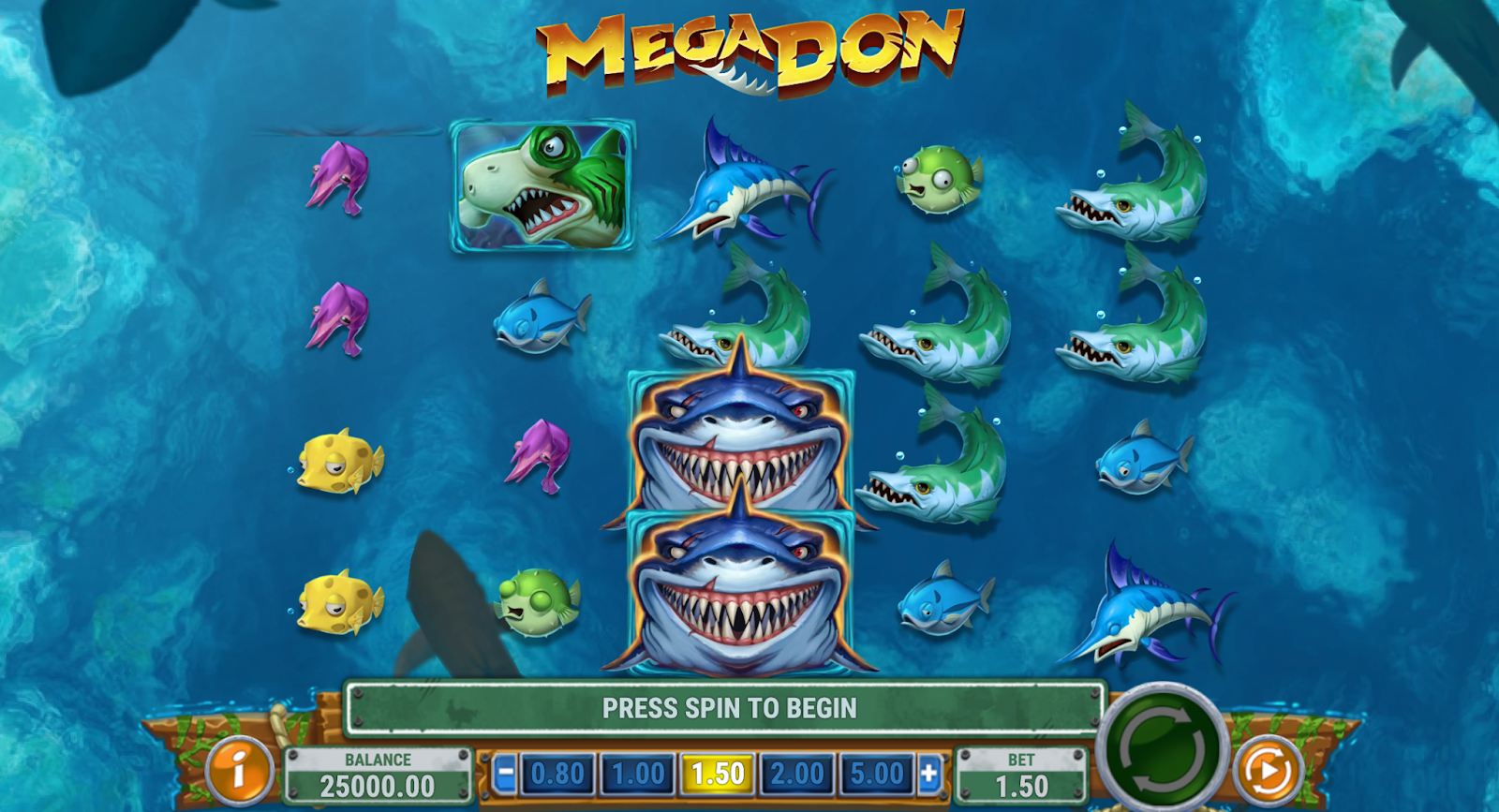 Screenshot av spilleautomaten Megadon, en tittel du finner i ethvert Play'n Go Casino.