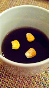 Nodoguro Twin Peaks Dinner theme, One damn good cup of coffee, in the form of Coffee Cup Custard (chawanmushu) with Black Trumpet Gel and freeze dried Corn