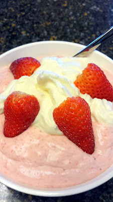 April Fool's Recipe with no Trick: Strawberry Fool Recipe is blended strawberries with the cut strawberries and the fresh whipped vanilla cream (Grand Marnier optional)
