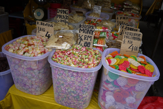 variety of colored crackers for sale at Bazaar Baru Chow Kit in Kuala Lumpur, Malaysia