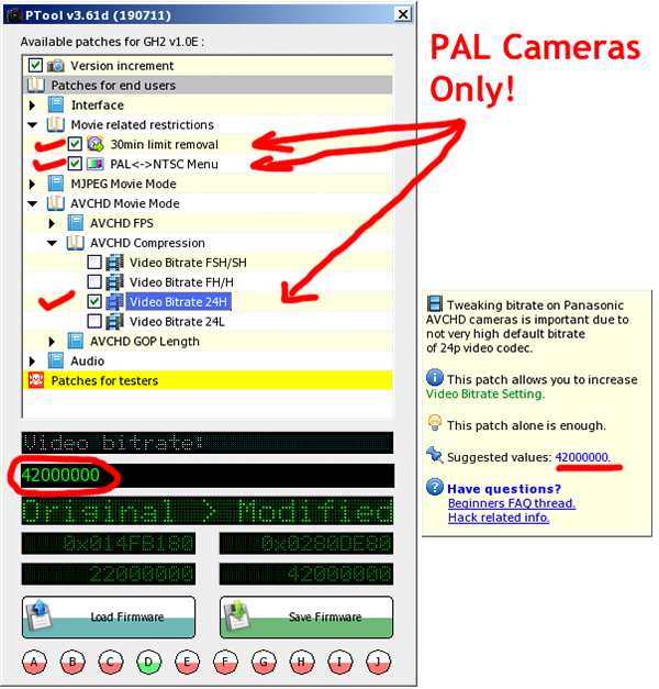 PAL (European) GH2 42Mbps Firmware Patch Settings PAL (European) GH2 42Mbps Firmware Patch Settings