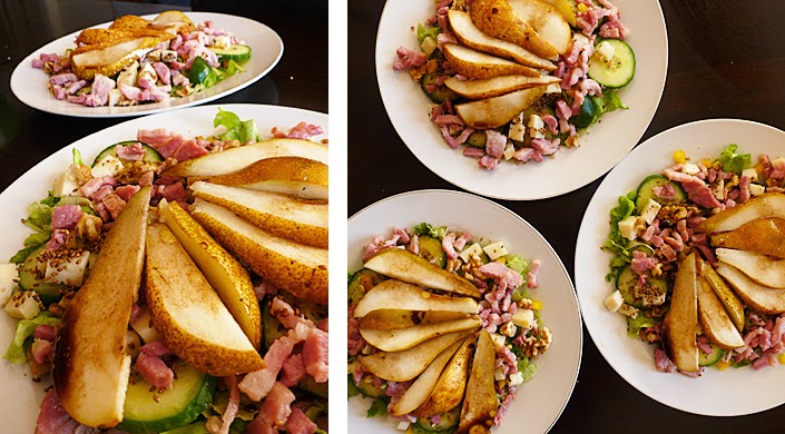 salty-sweet recipe, pear salad, fun recipe idea, what to do with pears, grilled sesame seeds