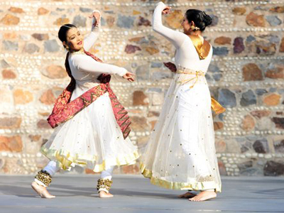 Anasua Majumdar and Ritusri Chaudhuri performing Paripurak during a multi-classical dance work presented by the New York City based classical dance company, Delhi Dance Theatre, held at the Garden of the Five Senses Amphitheatre, New Delhi on January 20, 2013.