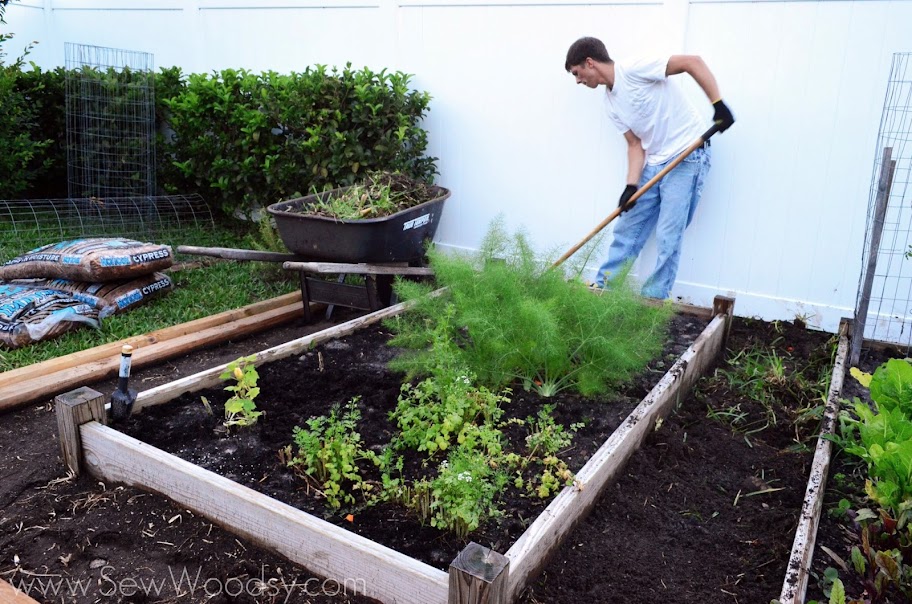 Man raking grass out of the garden bed. 