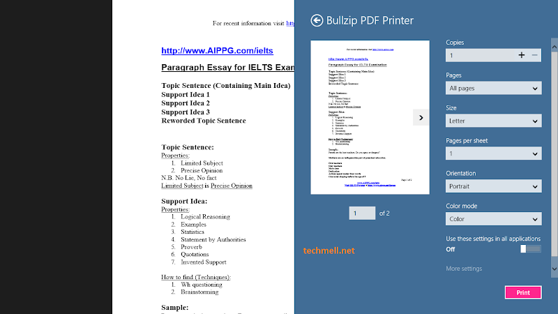 Print PDF Document via Bullzip PDF Printer in Windows 8.1