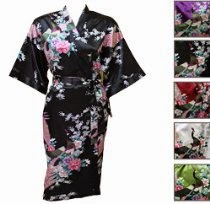 <br />Artiwa Women's Kimono Style Satin Robe - Peacock & Blossom Design, Short