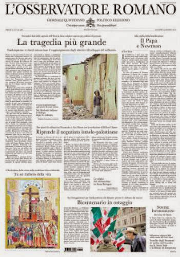 Losservatore Romano Gives Front Page To Tony Blair On Newman