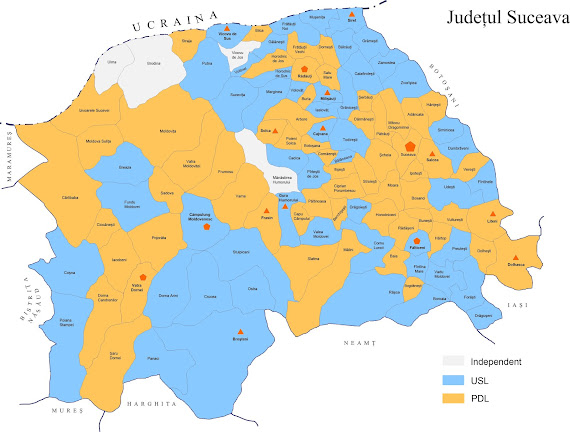 Harta politica a primarilor alesi in judetul Suceava la alegerile locale din 2012