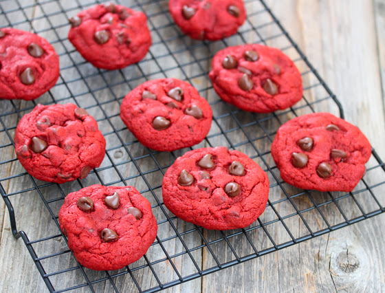 photo of Red Velvet Chocolate Chip Cookies on a baking rack