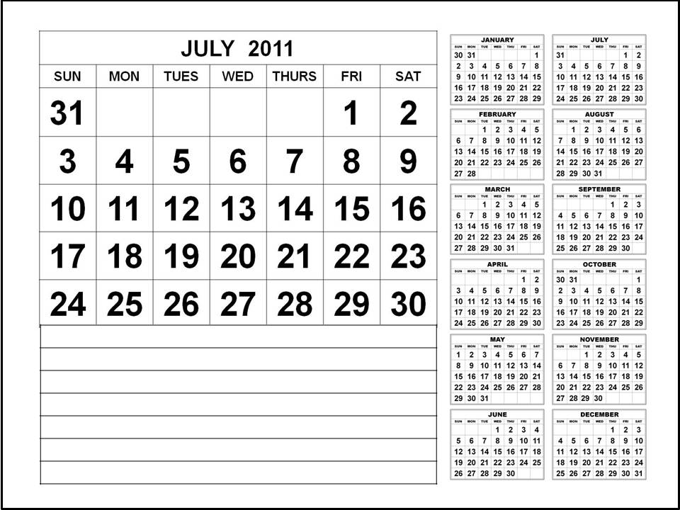 printable daily planner 2011. july 2011 monthly calendar