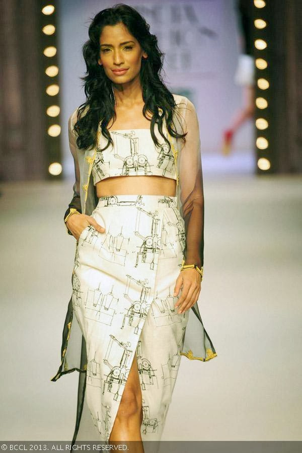 Krishna Somani flaunts a creation by fashion designer Masaba on Day 1 of Wills Lifestyle India Fashion Week (WIFW) Spring/Summer 2014, held in Delhi.
