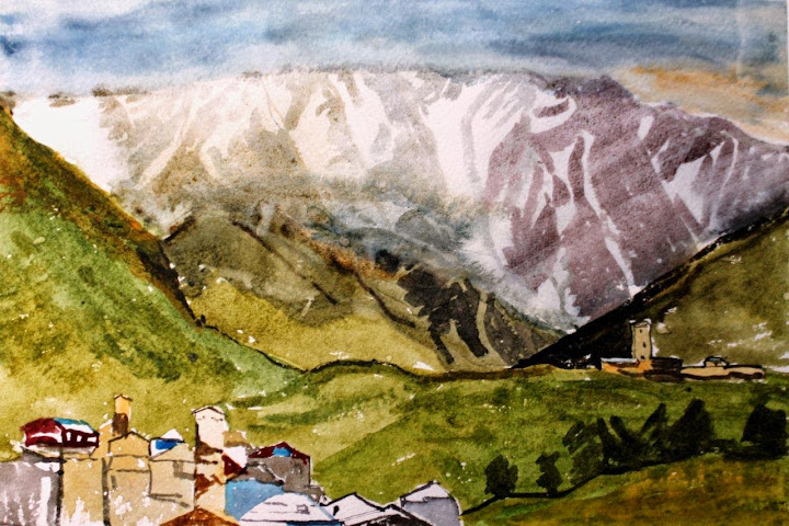 Mark McCrum: Bright sunlight on Mt Shkhara:  Ushguli, Svaneti,  Georgia.   Watercolour on paper (11” x 7”)