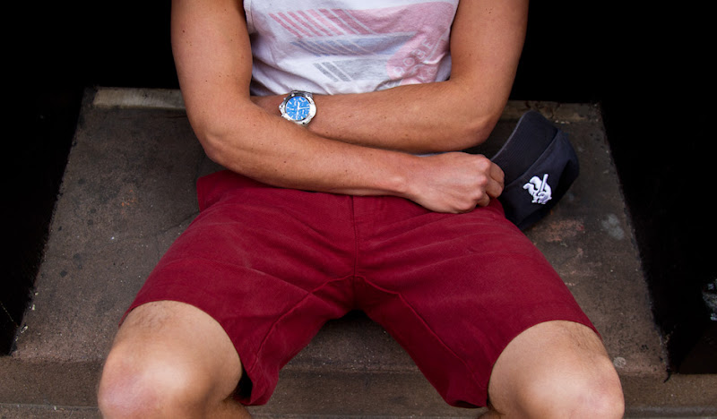 Red Bedford Shorts Arms Crossed