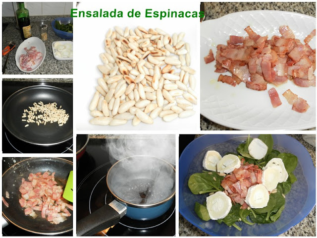 Ensalada de espinacas, queso de cabra, bacon, piñones, que comemos hoy, come verde, 