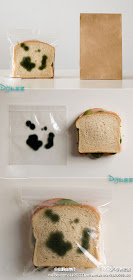 photographs of a sandwich in a clear plastic bag with fake mold spots