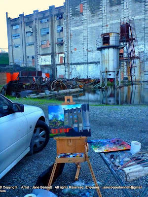 Plein air oil painting of the back of the White Bay Power Station by industrial heritage artist Jane Bennett