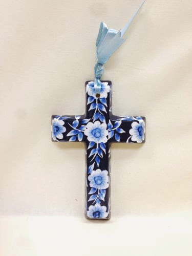  Precious Home Collection, Blue Floral Decoration Cross, 9- 3/16