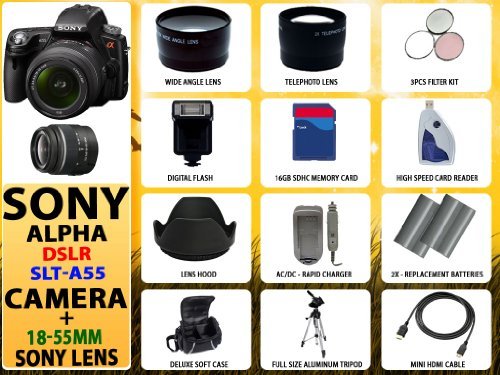 Sony Alpha Dslr-slt-a55 Digital Camera W/18-55mm Lens + Huge Accessories Package Including Wide Angle Macro Lens + 2x Telephoto Lens + 3 Pc Filter Kit + 16gb Sdhc Memory Card  &  Much More!!