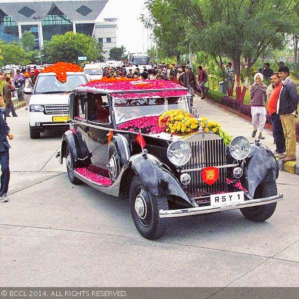 Decorated vintage car for the newly-wed couple.