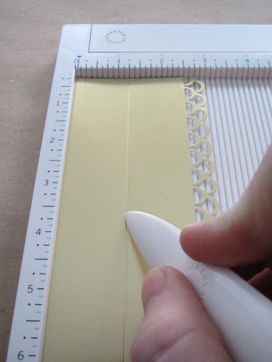 For an added effect on the inner part of the medallion, score the punched strip 1.25 inches from the nonpunched edge and fold the strip along the score. For an added effect on the inner part of the medallion, score the punched strip 1.25 inches from the nonpunched edge and fold the strip along the score.