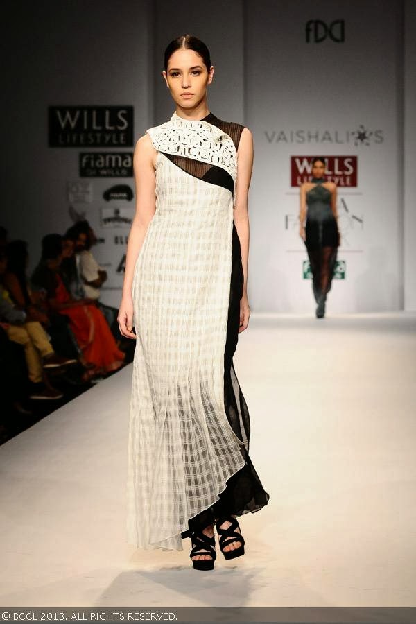 A model displays a creation by fashion designer Vaishali S on Day 5 of Wills Lifestyle India Fashion Week (WIFW) Spring/Summer 2014, held in Delhi.