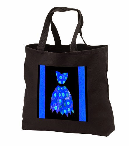  Cobalt blue and turquoise flowered dress on black background with damask ribbons - Black Tote Bag 14w X 14h X 3d