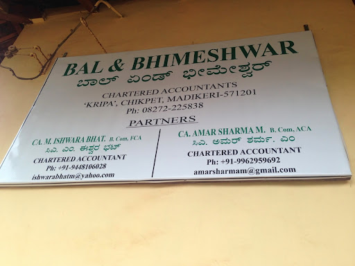 Bal & Bhimeshwar, Chartered Accountants, Kripa, Chikpet, Opposite Income Tax Office, Madikeri, Karnataka 571201, India, Chartered_accountant, state KA