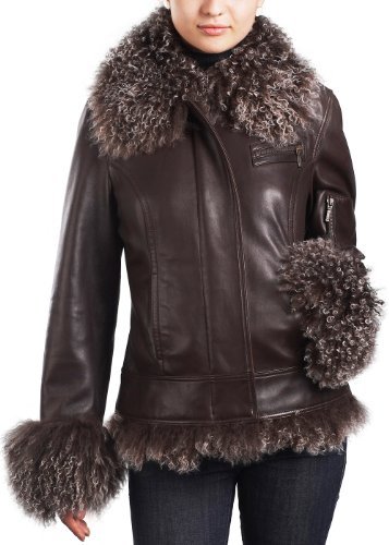 Jessie G. Women's Mongolian Lamb Fur Trim Lambskin Leather Jacket - Brown S