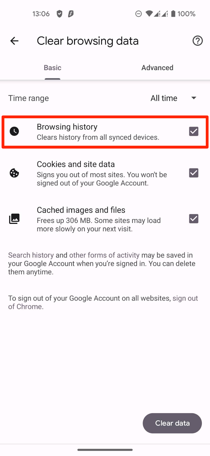 Enable the "Browsing history" box.