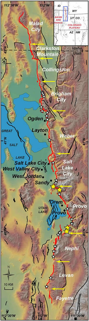Active faults of the segmented Wasatch fault zone are next to the largest and growing population centers of central Utah.