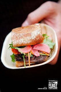 Widmer Brothers Brewing Sandwich Invitational 2012 Imperial served up some beef belly banh mi, featuring beef knuckle marmalade. Sandwich sample from Feast Portland 2012 event Sandwich Invitational. Copyright All rights reserved by Feast Portland