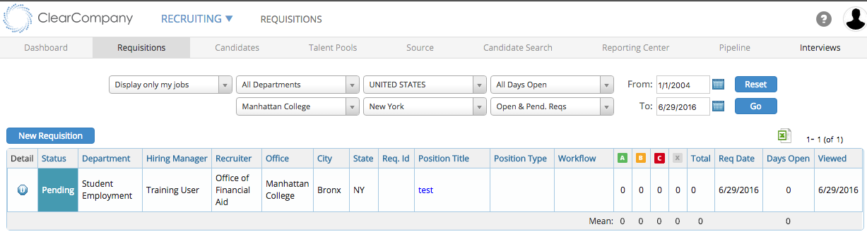 image depicting the requisitions screen with your new job requisition