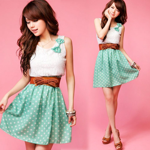 Korea Girl Faux 2 Pcs Sleeveless Lace Dot Bowknot Tunic Bright Mini ...