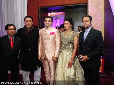A guest with Jackie, Nayan, Kashish and Gulshan Grover during Nayan Raheja's wedding reception, hosted by Navin Raheja and held at hotel Taj Palace, New Delhi.