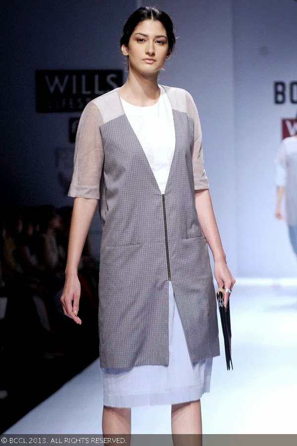 Shreiyah Sabharwal flaunts a creation by fashion designer Ruchika Sachdev on Day 3 of Wills Lifestyle India Fashion Week (WIFW) Spring/Summer 2014, held in Delhi.