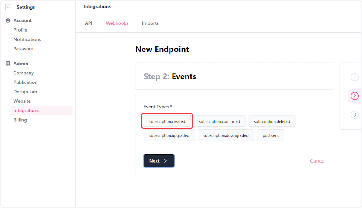 Select "Event types" and click next.