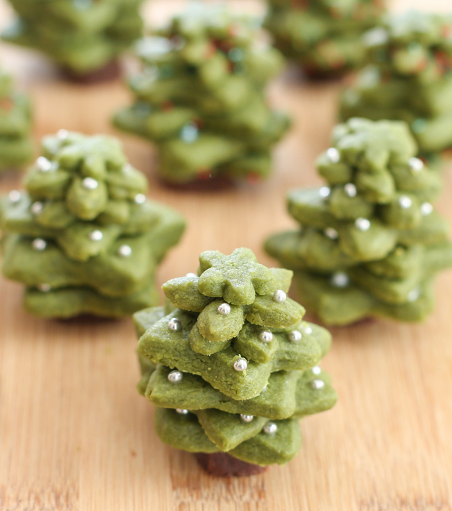 overhead photo of Matcha Shortbread Christmas Tree Cookies