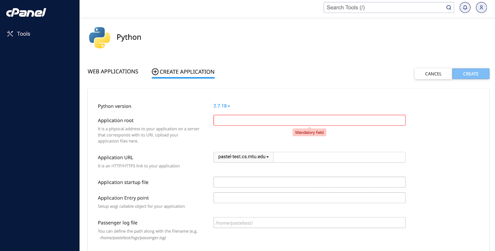 cPanel Python application setup interface, displaying fields to configure a new web application. Fields include 'Python version' with 2.7.18 selected, 'Application root' with a mandatory field highlighted in red, 'Application URL' pre-filled with 'pastel-test.cs.mtu.edu', and empty fields for 'Application startup file', 'Application Entry point', and 'Passenger log file' with a suggested path provided. Above the form, there is a 'CREATE APPLICATION' button.