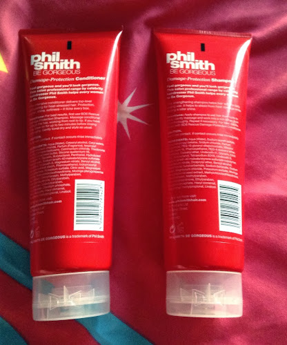 A picture of the back of the bottles of Phil Smith Be Gorgeous SOS Rescue Damage Protection Shampoo and Conditioner