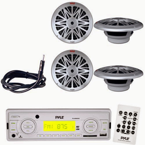  Pyle Marine Radio Receiver, Speaker and Cable Package - PLMR88W AM/FM-MPX IN-Dash Marine MP3 Player/USB, MMC  &  SD Memory Card Function - 2x PLMRS62 2 Pairs of 200 Watt 6.5'' 2 Way White Marine Water Resistant Speakers (silver Color) - PLMRNT1 22