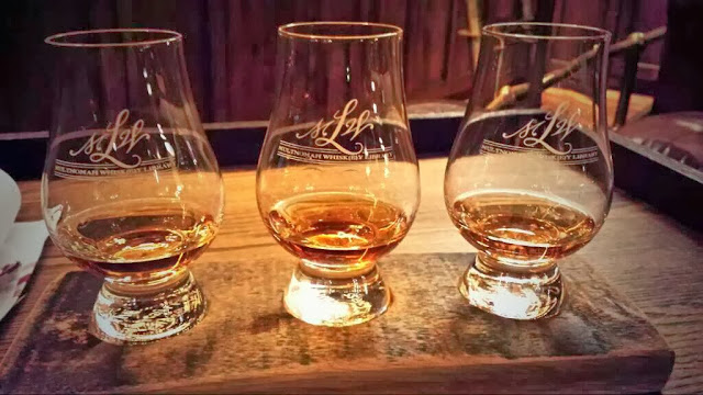 3 half pours for a flight of Tyrconnell 10 yr finished in Madeira, Sherry or Port cask at Multnomah Whiskey Library